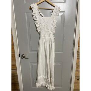 Vintage White Cotton Pinafore Apron Dress Women OS White Good Ruffle Eyelet